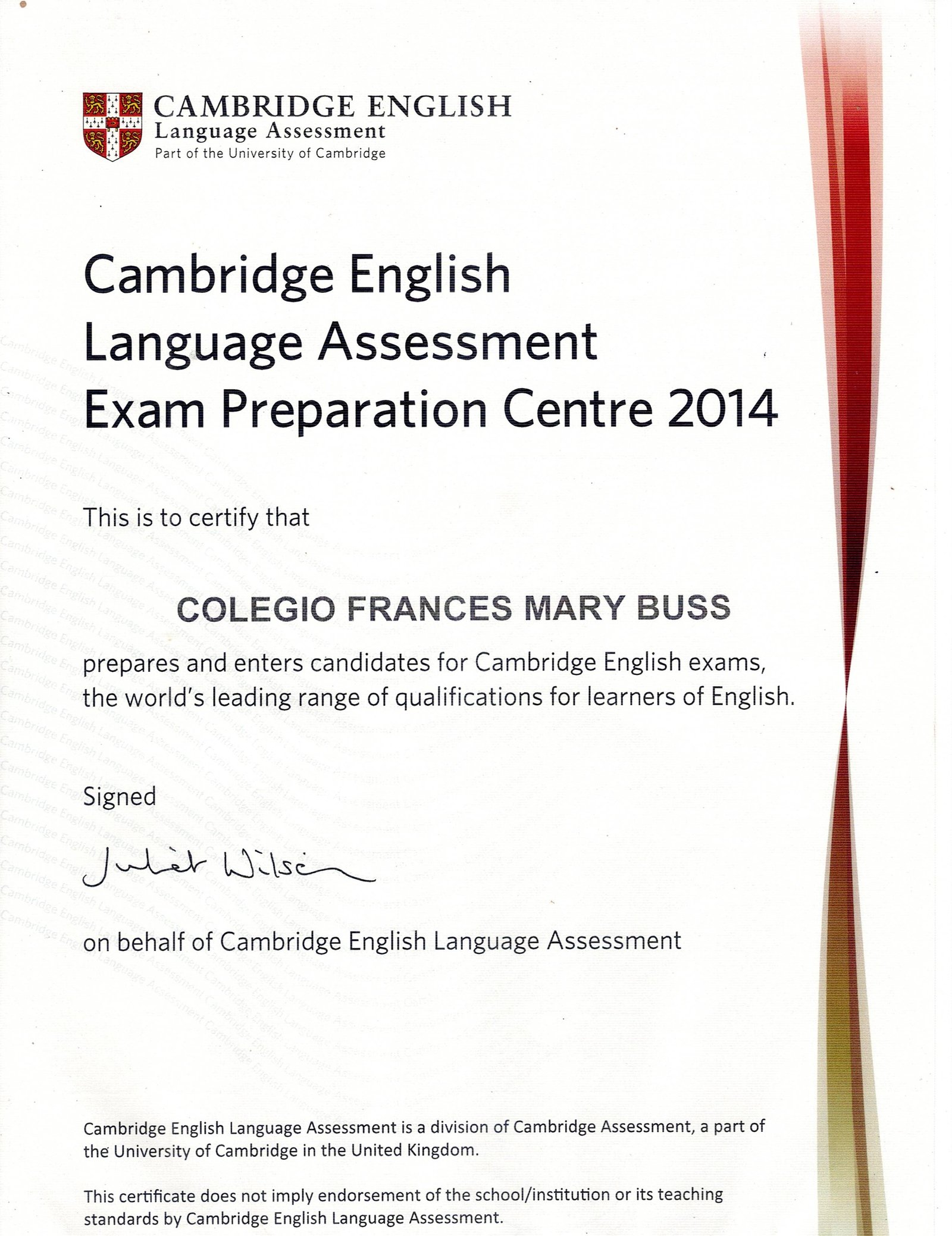 Certificación de la Universidad de Cambridge del Colegio Frances Mary Buss